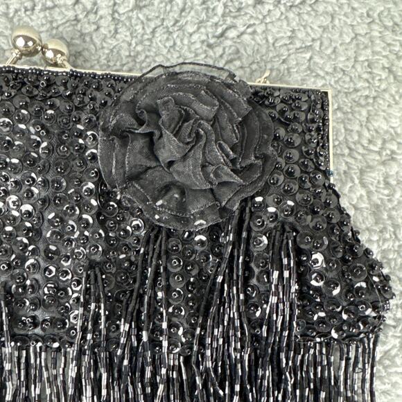 Beaded Black Evening Bag Clutch Kisslock Closure Beaded Fringe Silver Hardware - Picture 8 of 8